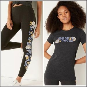 Victoria's Secret Pink Floral Campus SS Tee Shirt + Leggings Set Lilac Logo XXL